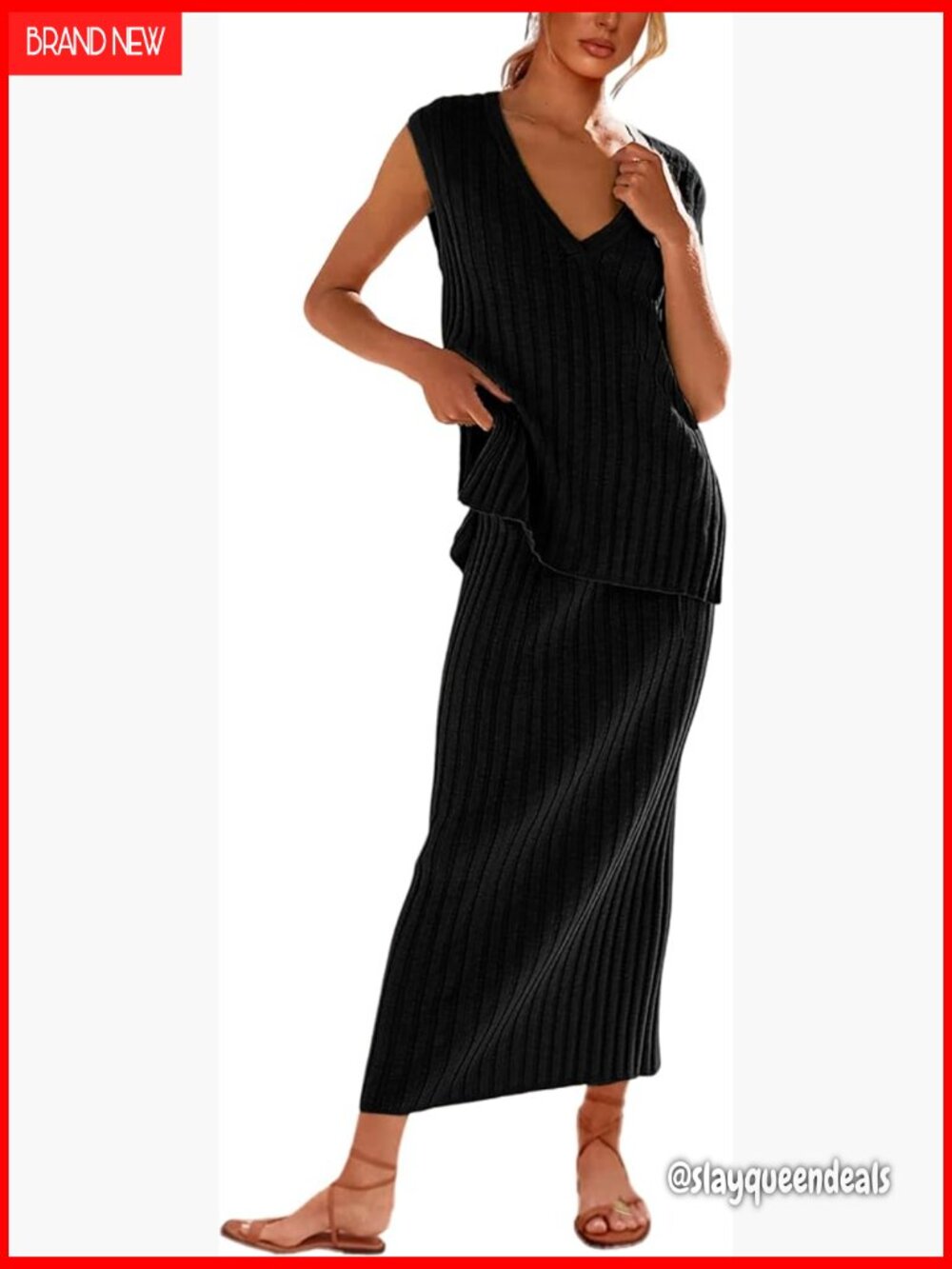 Sleeveless V Neck Knit Ribbed Vest Top Midi Skirt Set